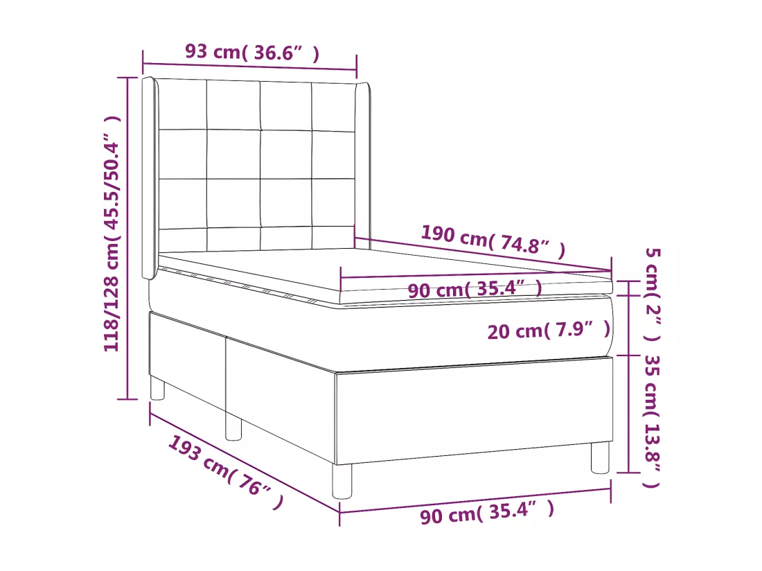 Sommier tapissier avec matelas et LED Rose 90x190 cm Velours