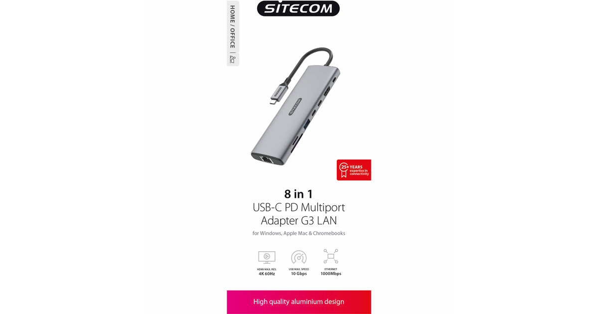 Sitecom8 in 1 USB-C Power Delivery Multiport Adapter dockingstation  (Grijs)