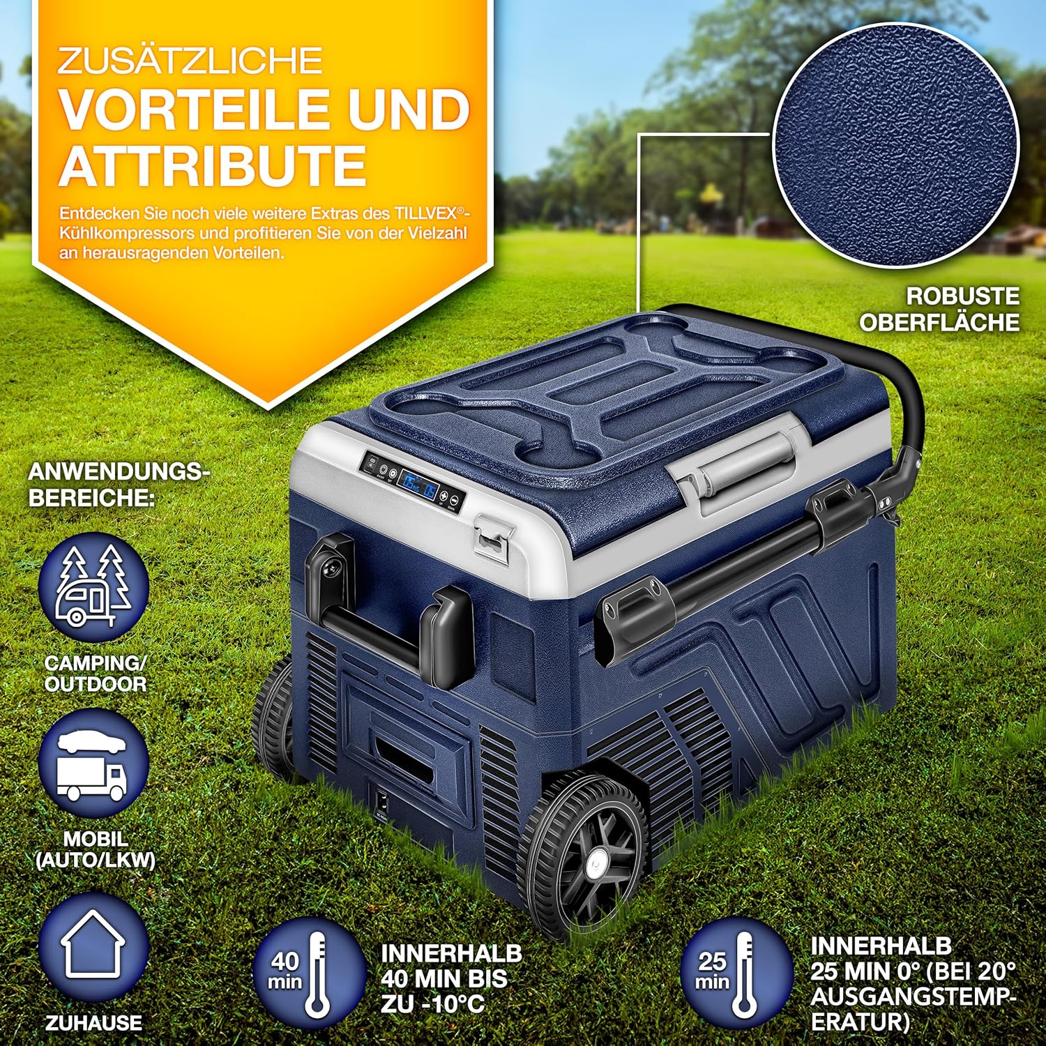 tillvex® Kompressor Kühlbox elektrisch 40-60 Liter | Elektrische Gefrierbox WIFI-APP-Steuerung 12/24 V 230V | Kühlschrank bis -20 °C für Auto, Lkw, Camping (Navyblau, 50 Liter)