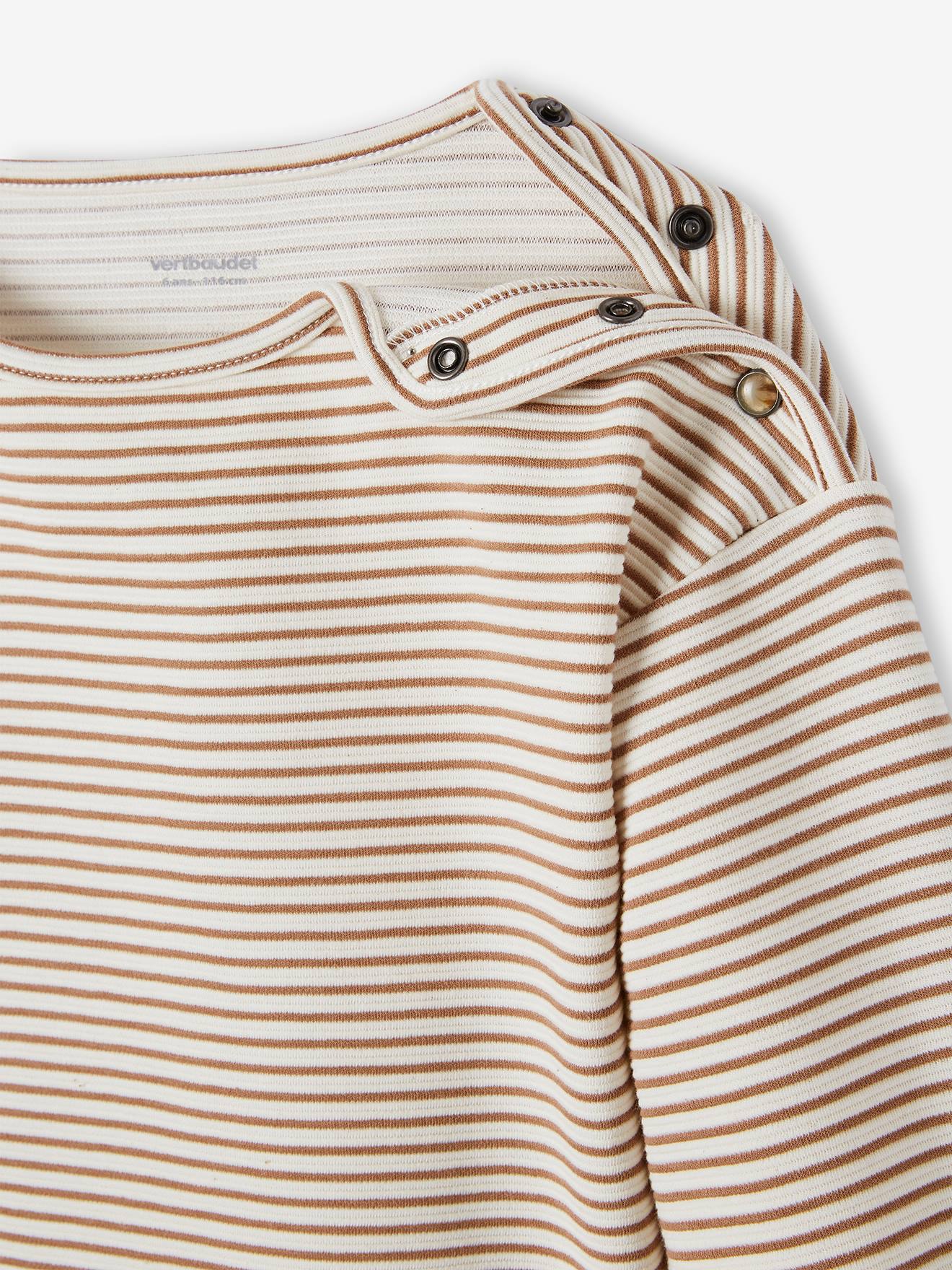 Camiseta listrada com decote canoa, menina listrada branca clara