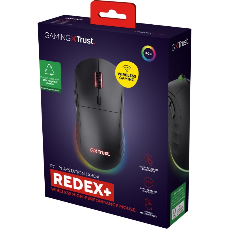 Trust GXT 927 Redex+ souris Gaming Droitier RF Wireless + USB Type-A Laser 25600 DPI