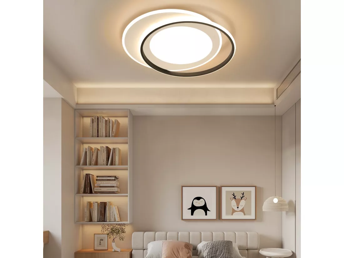 NETTLIFE Plafonnier LED Noir Blanc Rond 66W Moderne 48,5 cm Dimmable avec Télécommande Lampe de Salon pour Chambre Cuisine Couloir