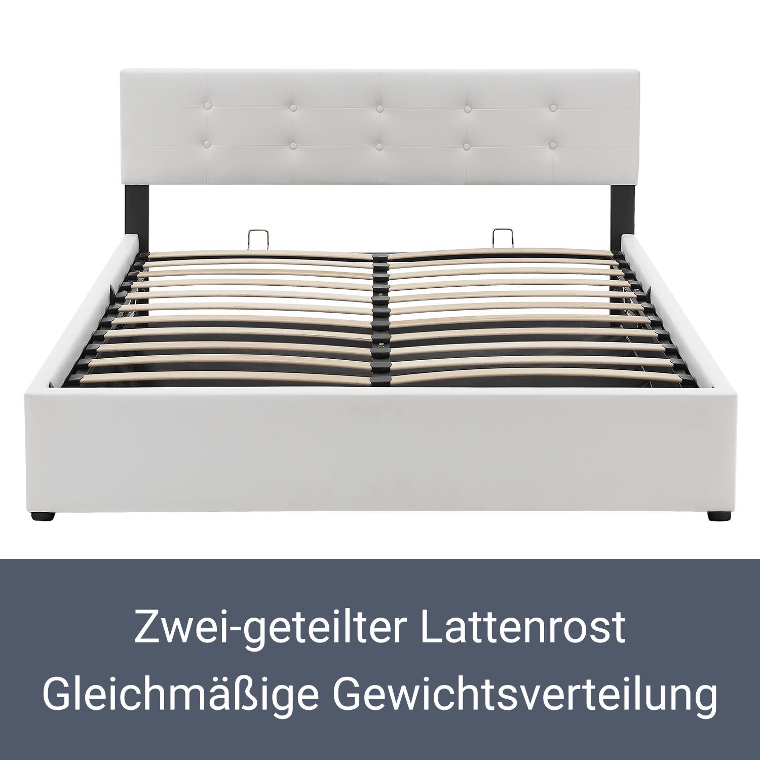 Juskys Polsterbett Marbella 140x200 cm weiß mit Bettkasten & Lattenrost – Bett mit Holzgestell