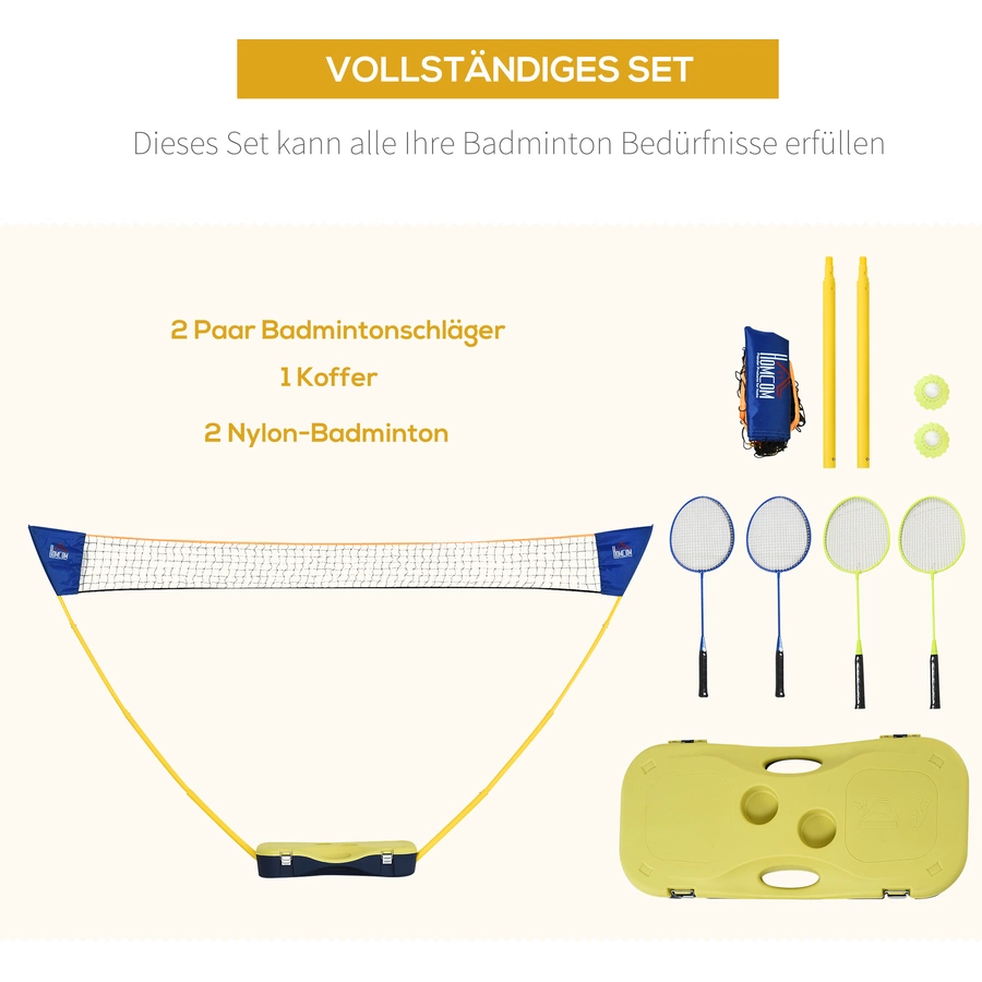 HOMCOM Badmintonnetz mit 4 Schlägern gelb, blau