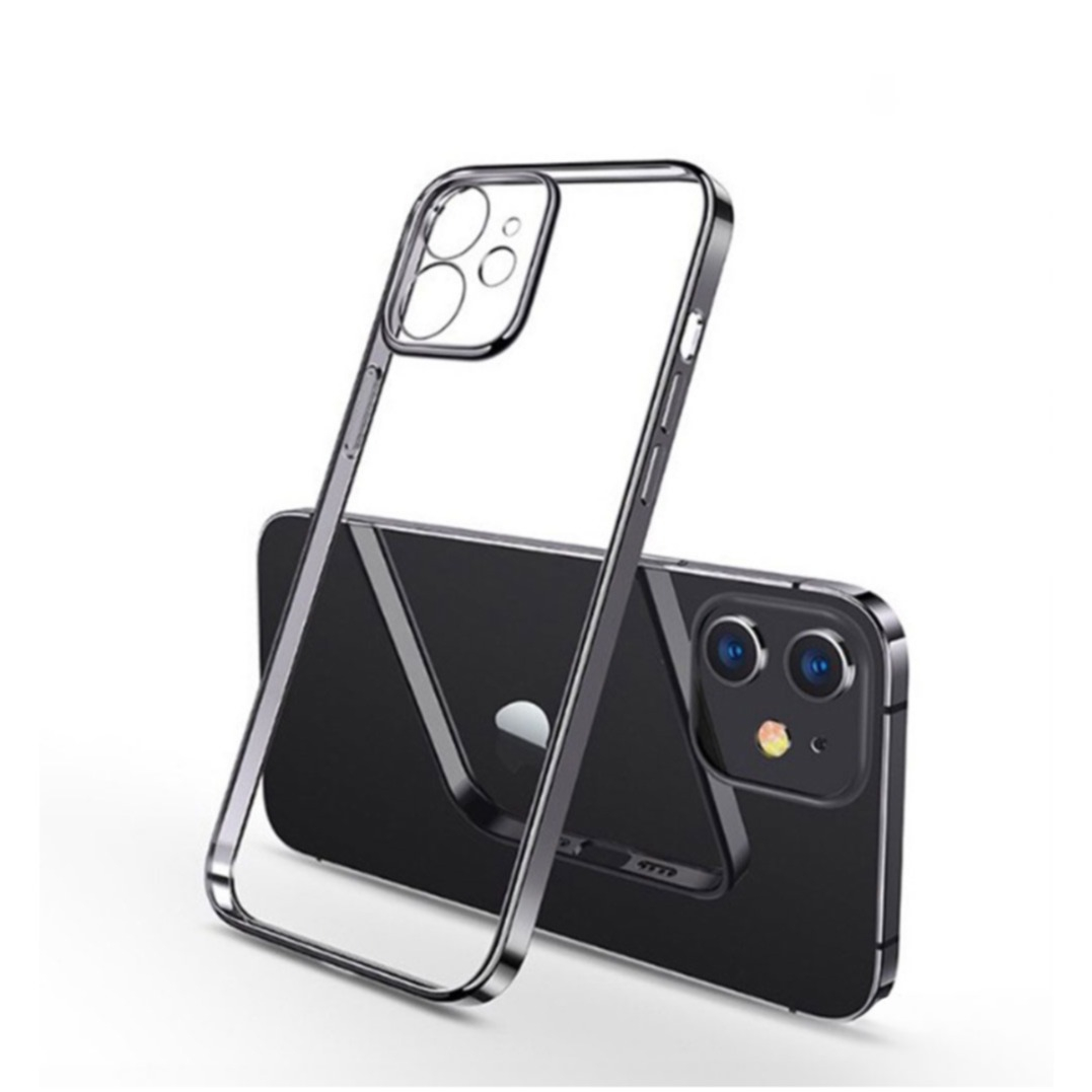 iPhone 12 Pro Gummi Case Hülle Galvanisierter Rahmen   Kameraschutz - Schwarz
