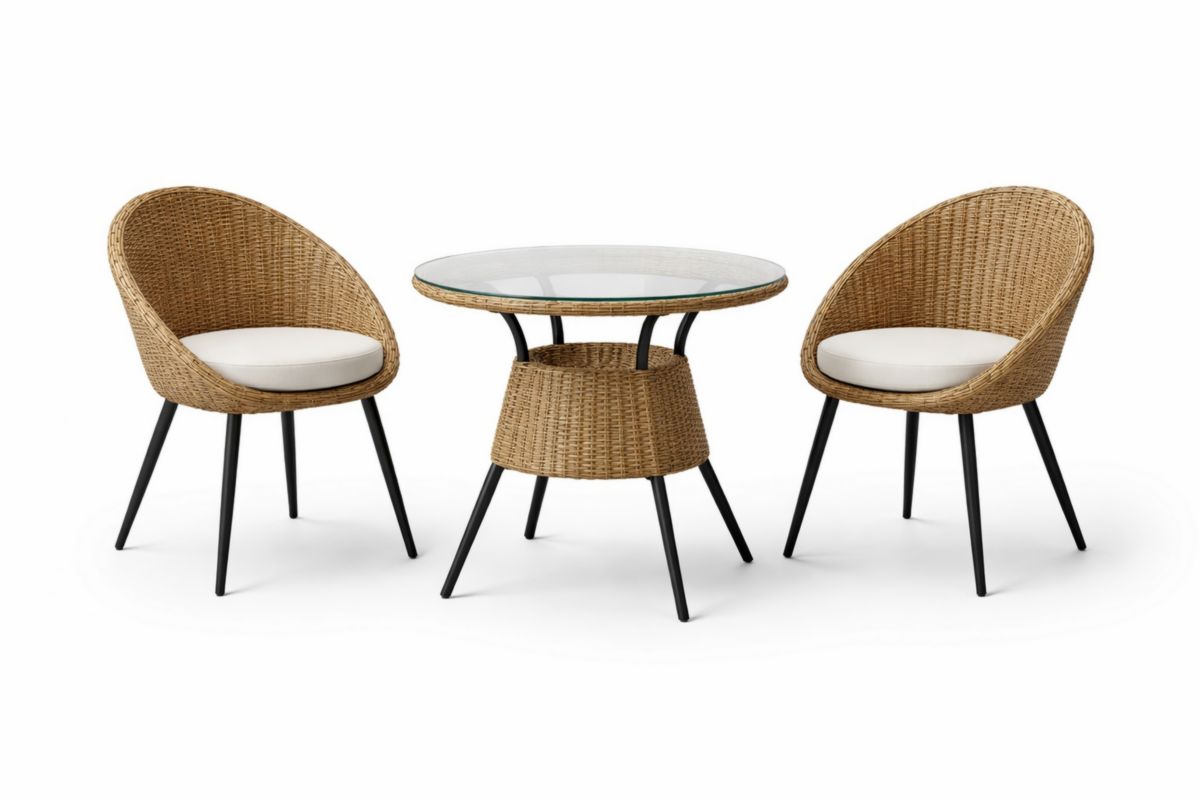 3-teiliges Rattan-Bistro-Set mit Glastisch und 2 Stühlen