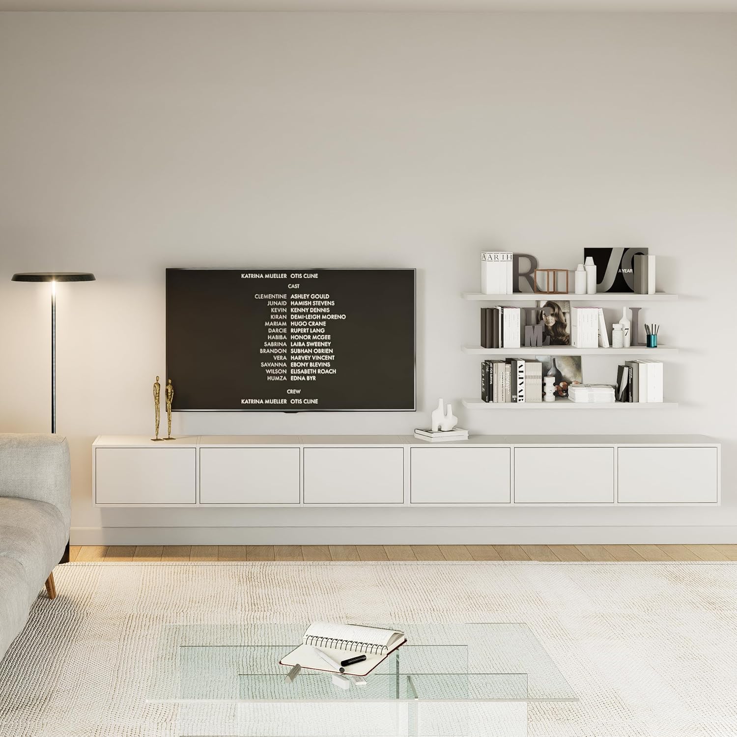 Selsey TV Lowboard Hängend Weiß 300 cm Minimalistisches Design mit Push-to-Open 16 mm Laminierte Spanplatten 6 Klappen Platzsparend Ideal für Wohnzimmer Matte Oberfläche Made in Europa