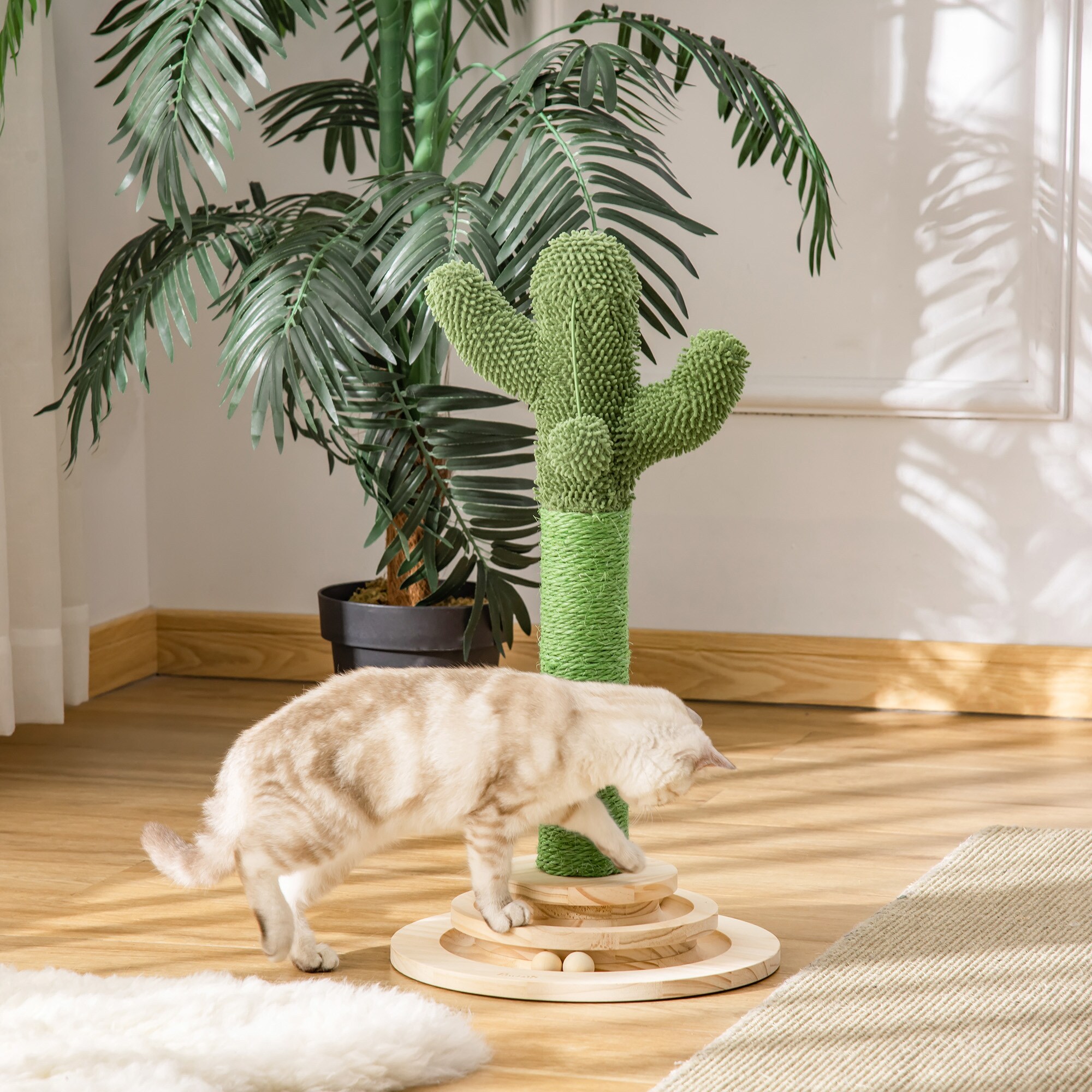 PawHut Kratzbaum mit Holzkugel-Spielzeug bunt 32L x 32B x 60H cm