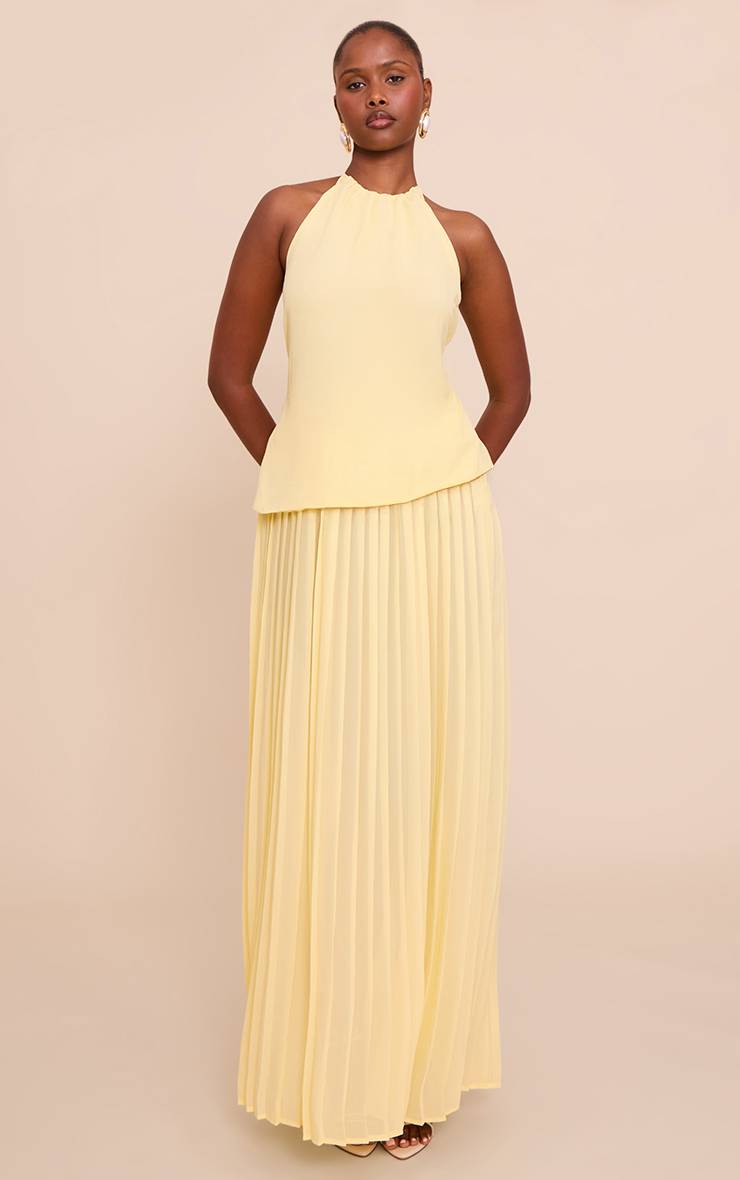 Citron Robe Longue À Jupe Plissée Superposée