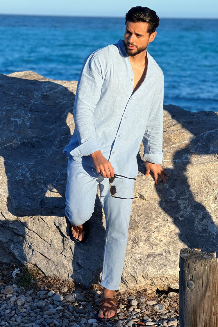 Ensemble 2 pièces chemise + pantalon effet lin bleu clair