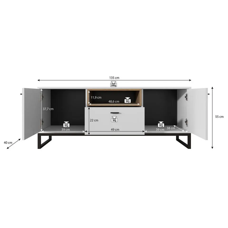 Meubella - TV-Meubel Ozzy - Eiken - Zwart - 135 cm