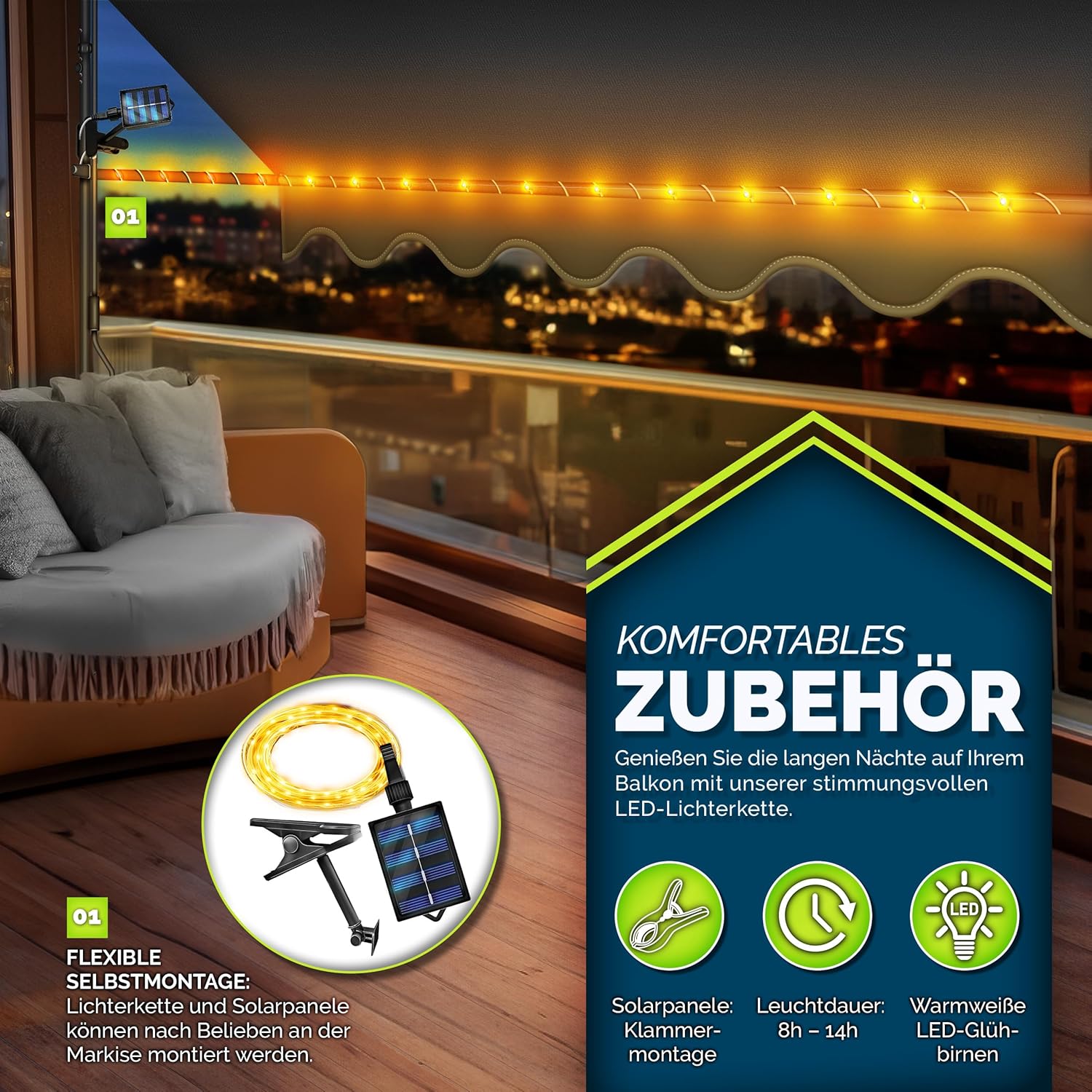 tillvex Klemmmarkise mit Handkurbel Balkon | Balkonmarkise ohne Bohren | Markise UV-beständig & höhenverstellbar | Sonnenschutz wasserdicht (Anthrazit mit LED, 250cm)