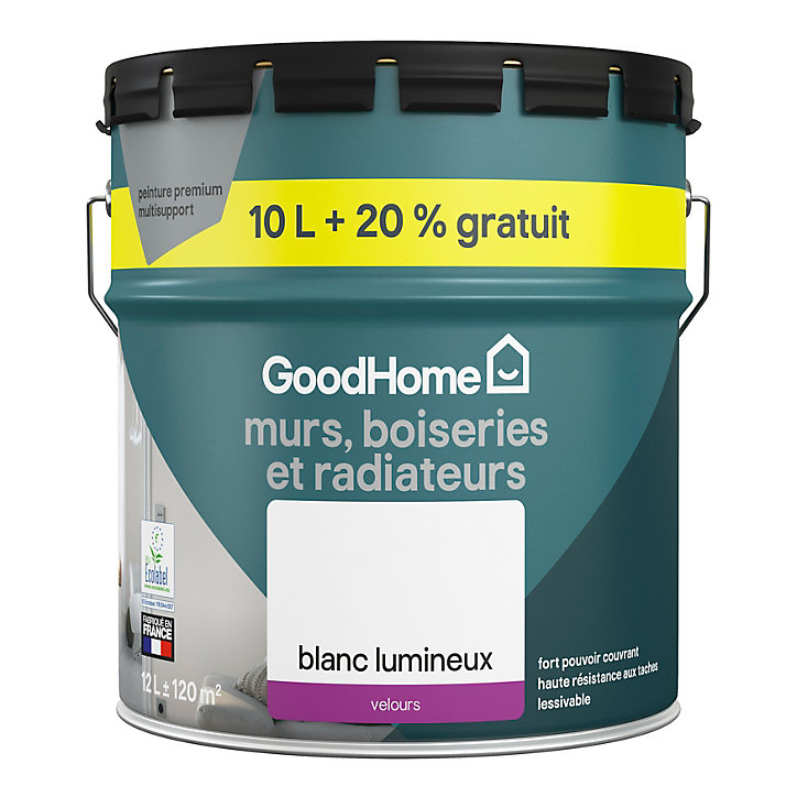 Peinture murs, boiseries et métal GoodHome haute résistance blanc velours 10L + 20% gratuit