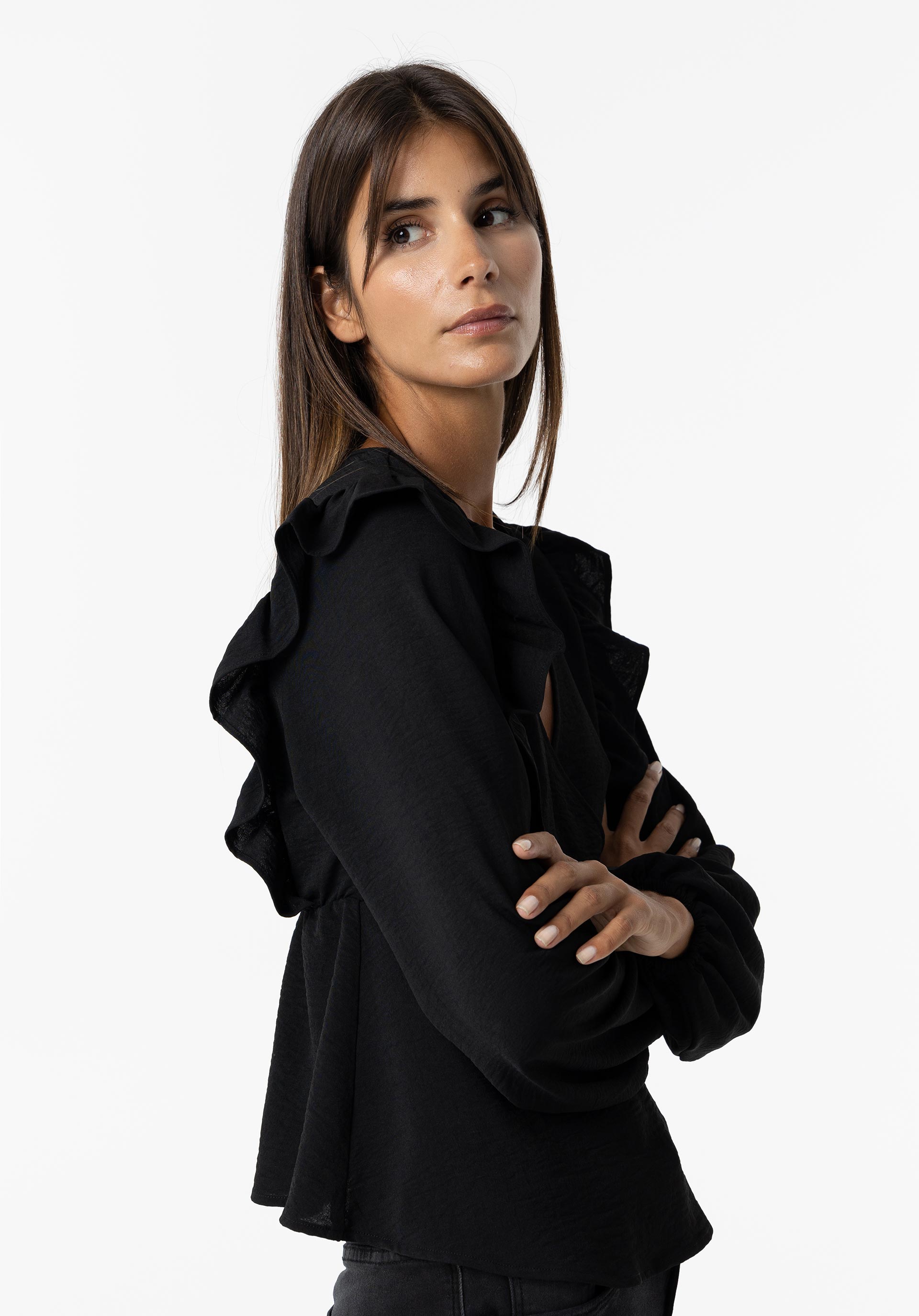 Blusa Efeito Enrugado Cruzada com Folho