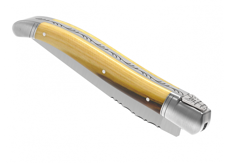 Couteau Laguiole avec un manche en bois de pistachier et 2 mitres en acier inoxydable