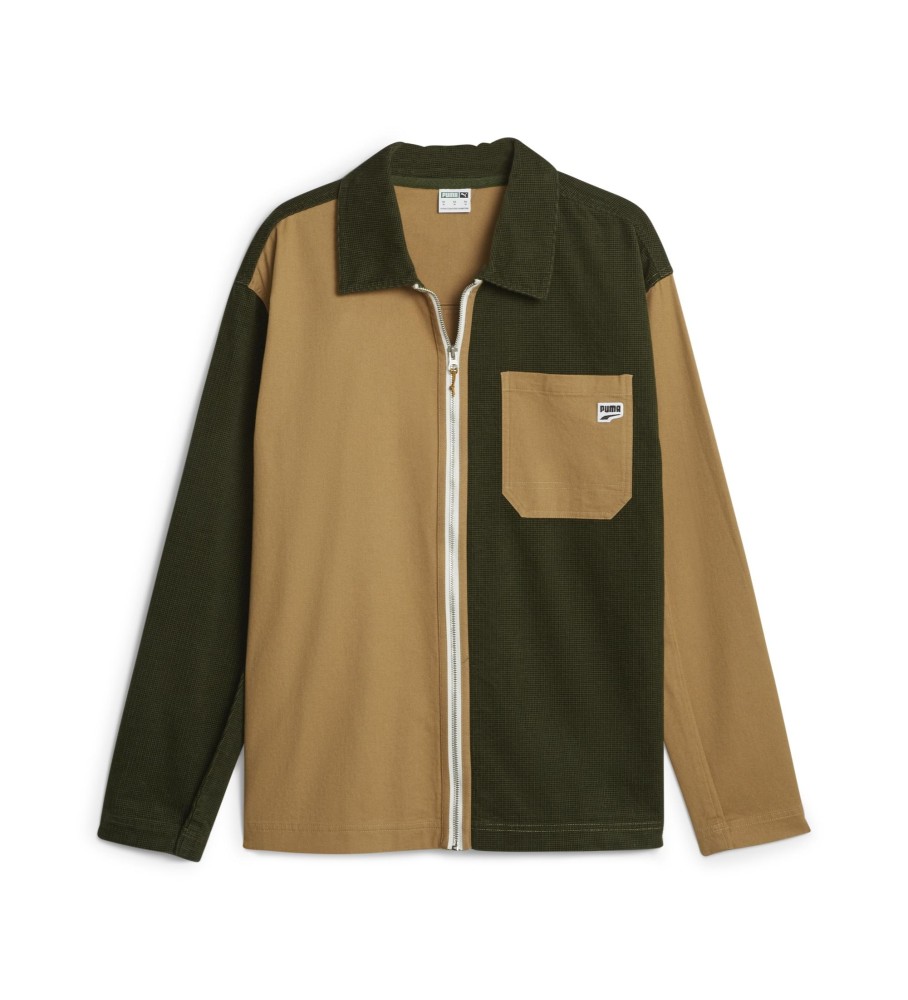 Camisa Puma Downtown em veludo cotelê marrom e verde.