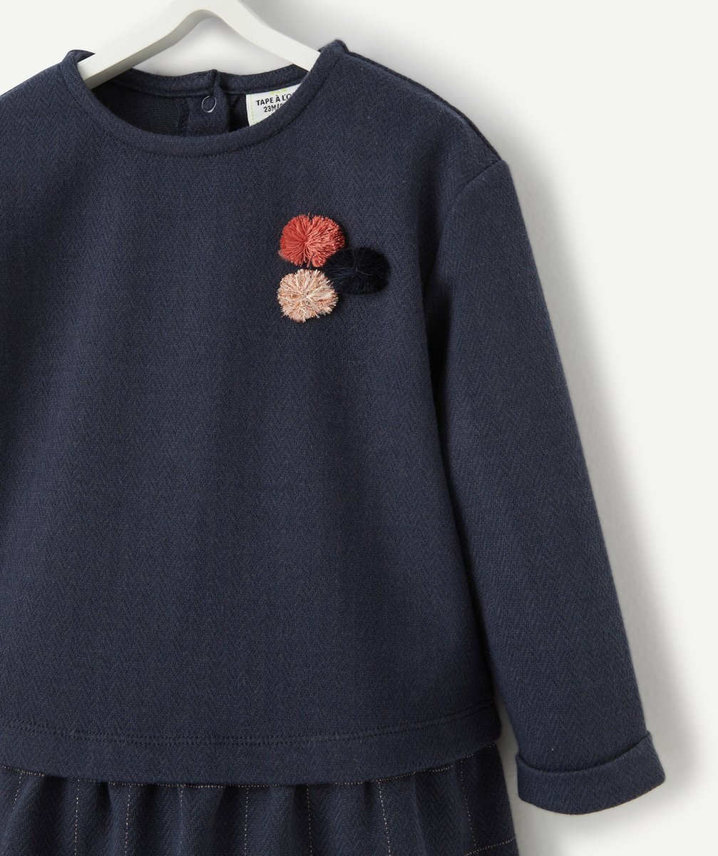 ROBE AVEC PULL INTÉGRÉ BLEU MARINE BÉBÉ FILLE AVEC POMPONS COLORÉS