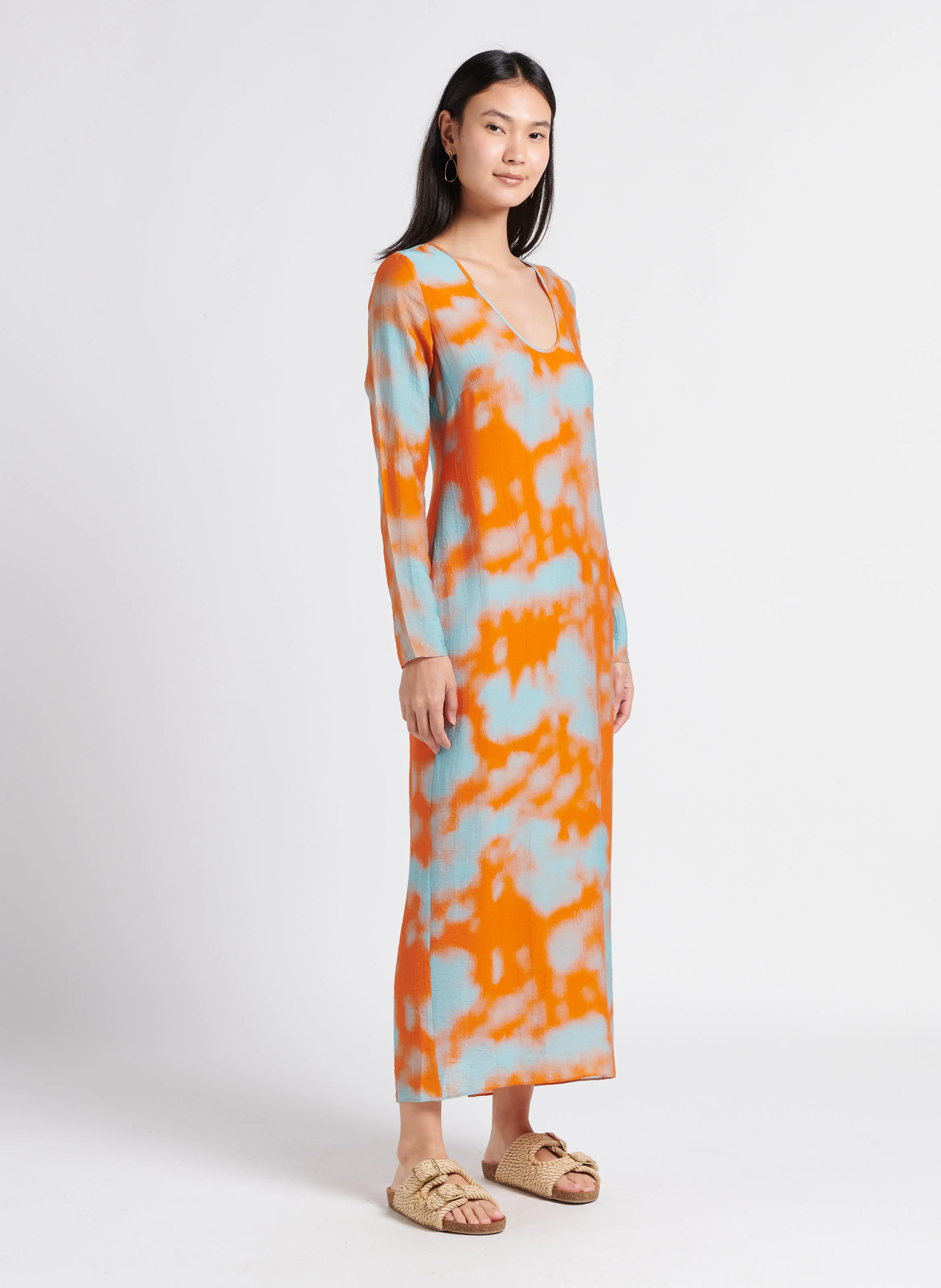 ALINA - Robe longue col rond imprimée| Orange