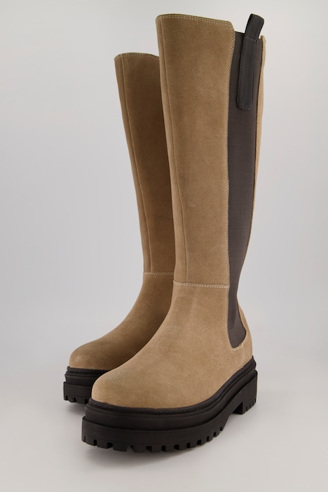 Lederstiefel, XXL-Schaft, Velours, Elastikeinsatz, Weite H