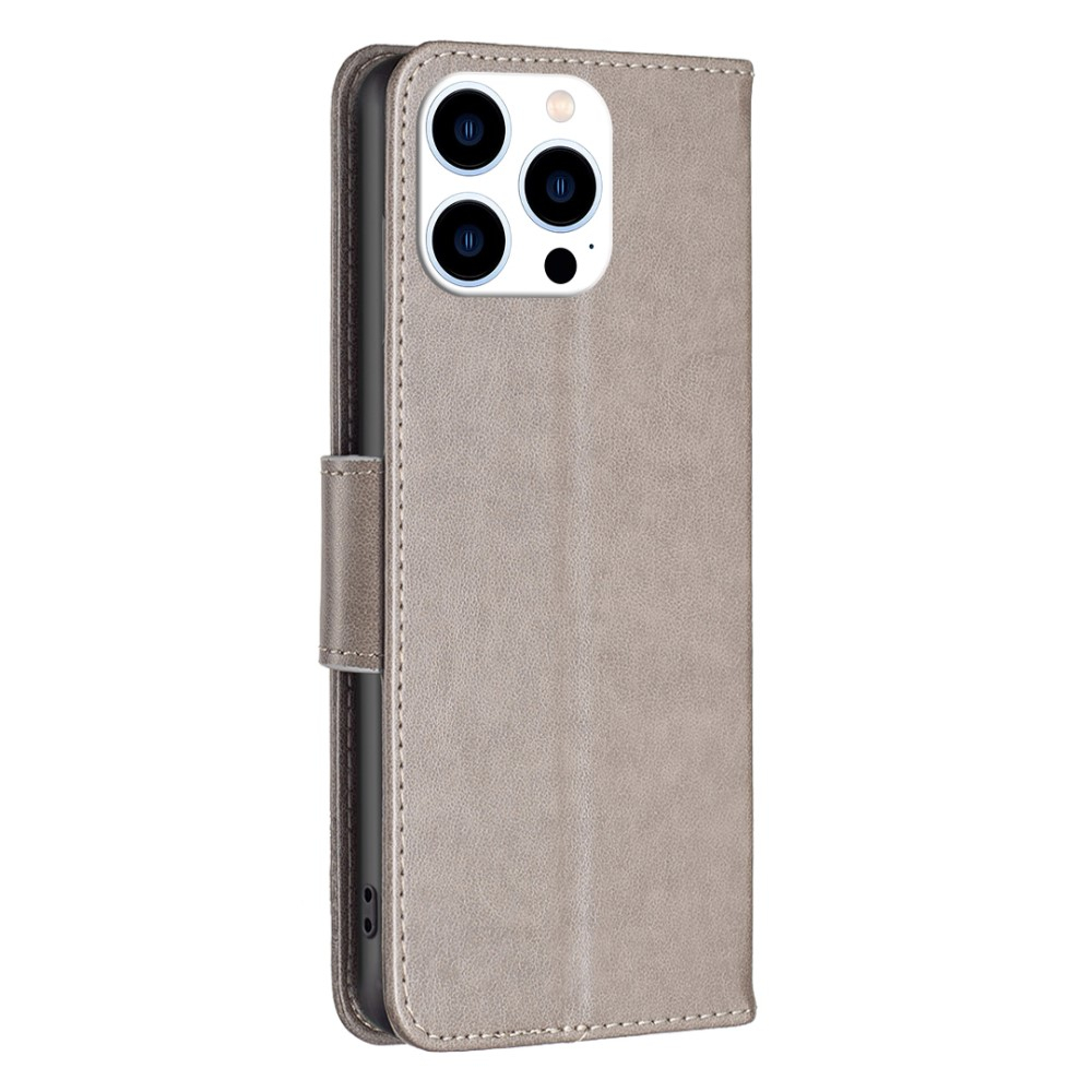 iPhone 15 Pro Leder Tasche mit Kartenfach   Handschlaufe Schmetterling - Grau