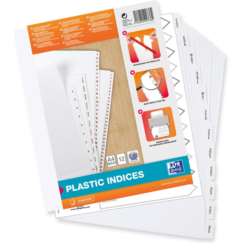 Intercalaires mensuels A4+ 12 positions pvc 19/100 blanc