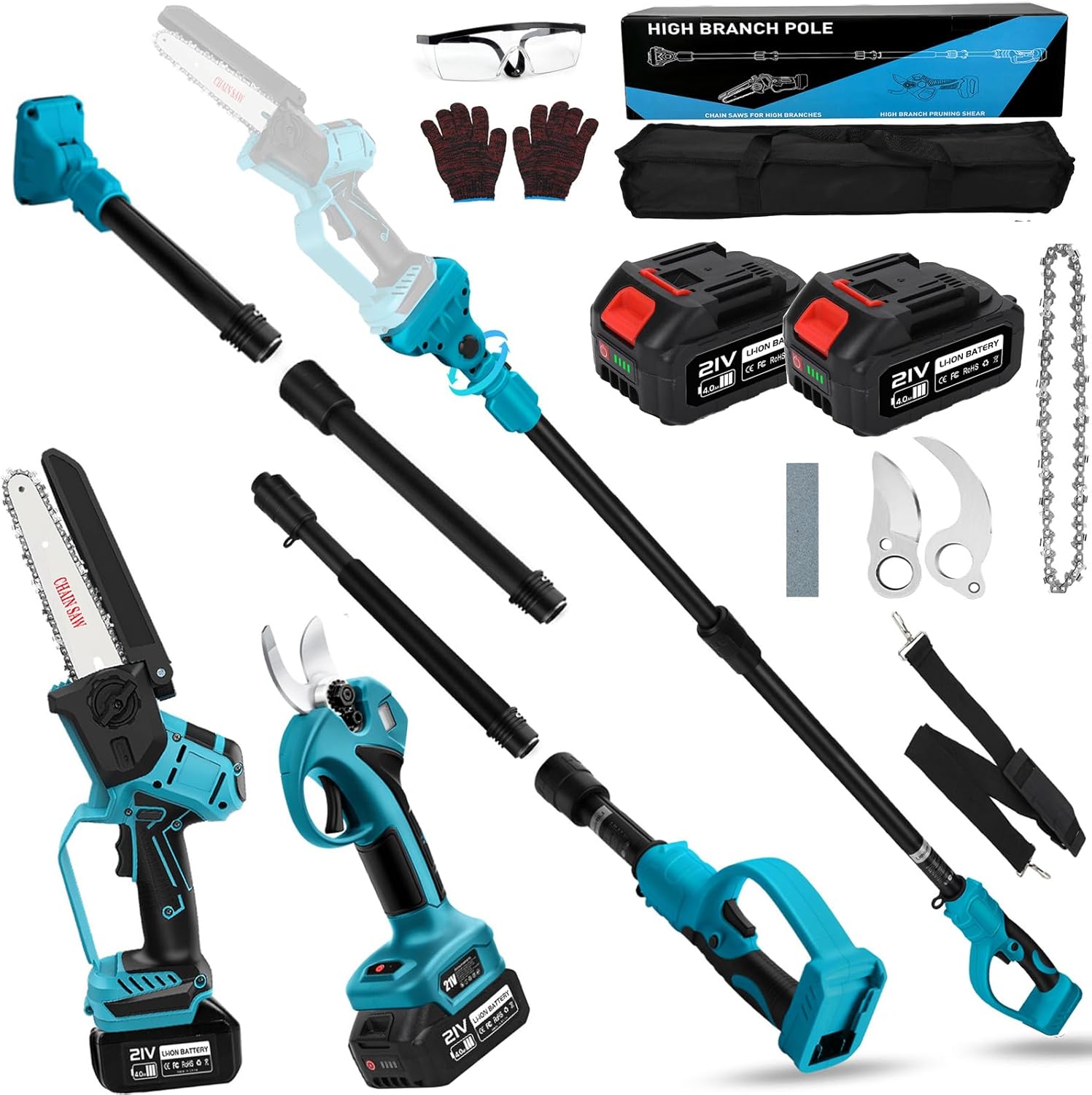 4 in 1 Akku Hochentaster 6 Zoll Mini Kettensäge mit Akku und ladegerät 45 mm Elektrische Gartenschere 2x 4000mAh Elektrische Baumschere Astschere HandKettensäge Batterie säge Teleskop Astsäge