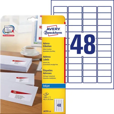 Avery Zweckform J4791-25 Adress-Etiketten,A4 45,7 x 21,2 mm, 25 Bogen/1.200 Etiketten, weiß