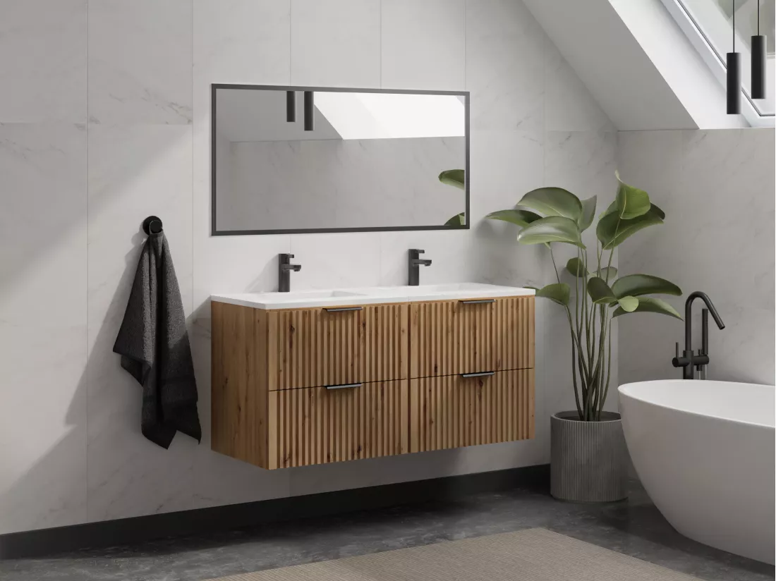 Meuble de salle de bain suspendu strié avec vasque à encastrer - Naturel clair - 120 cm - ZEVARA