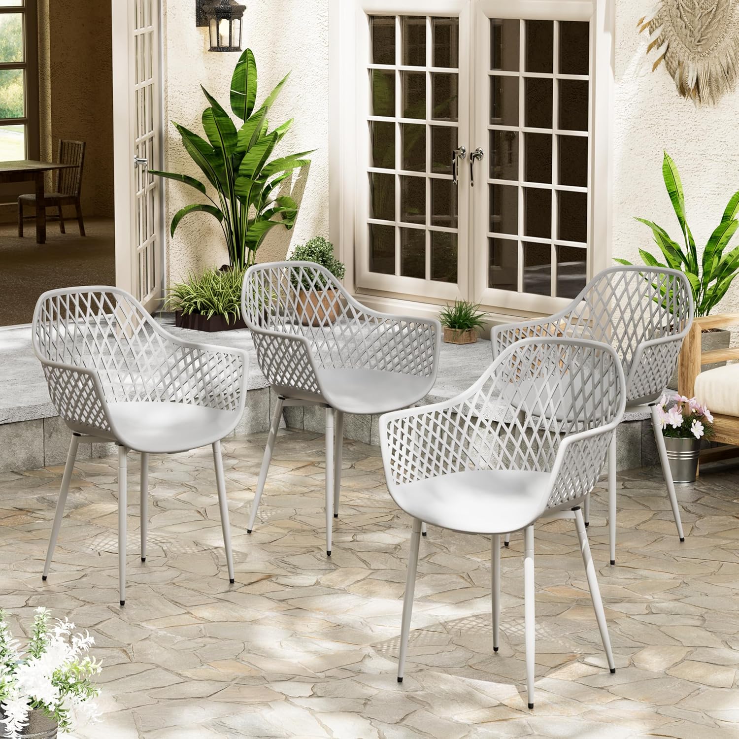 Gartenstühle 4er Set, Garten Sessel Outdoor, Gartenstuhl Kunststoff Terrassenstühle Balkonstühle, Metallstuhlbeine, 120 kg belastbar, Grau