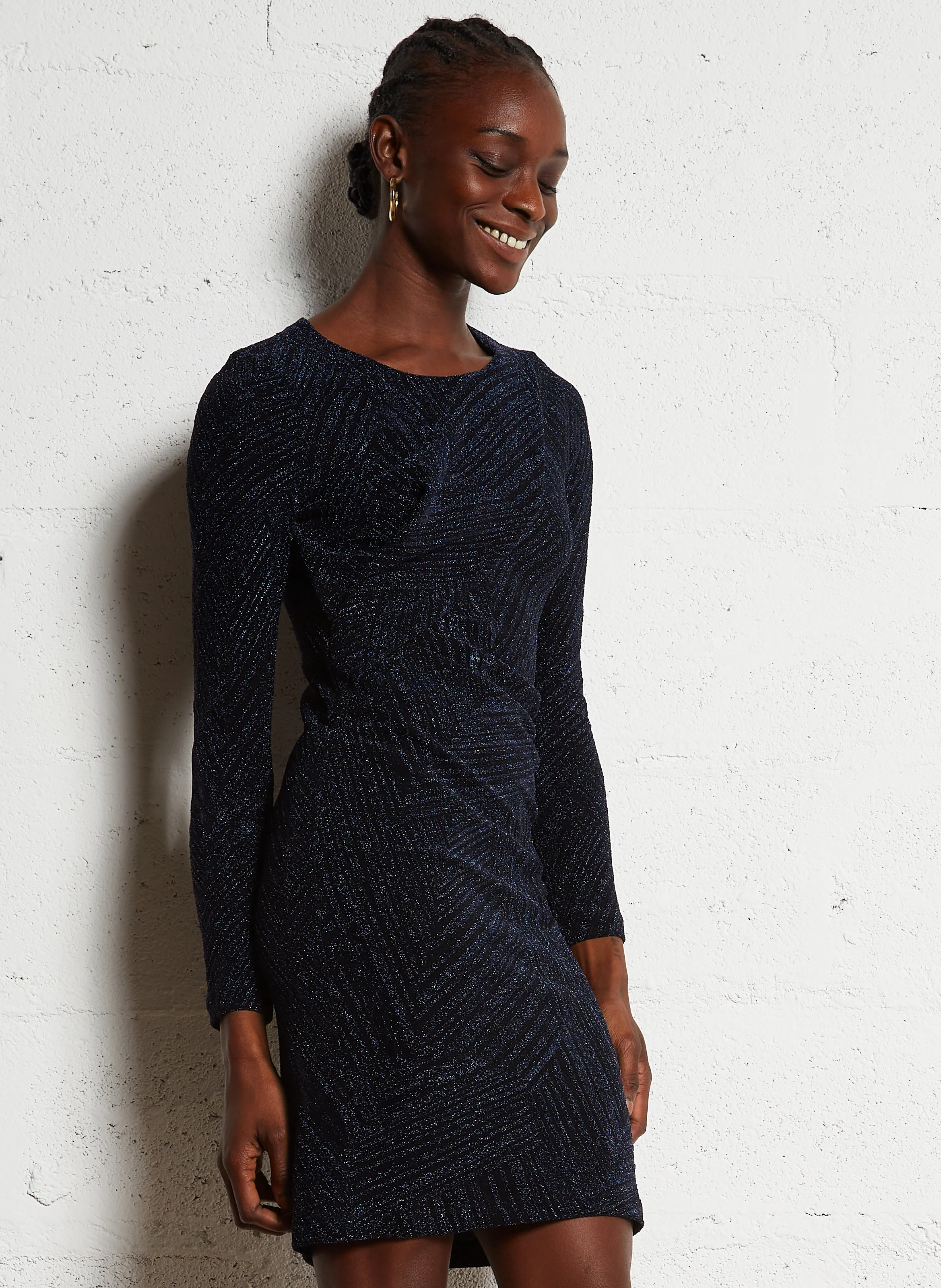 Robe courte col rond en maille lurex | Bleu