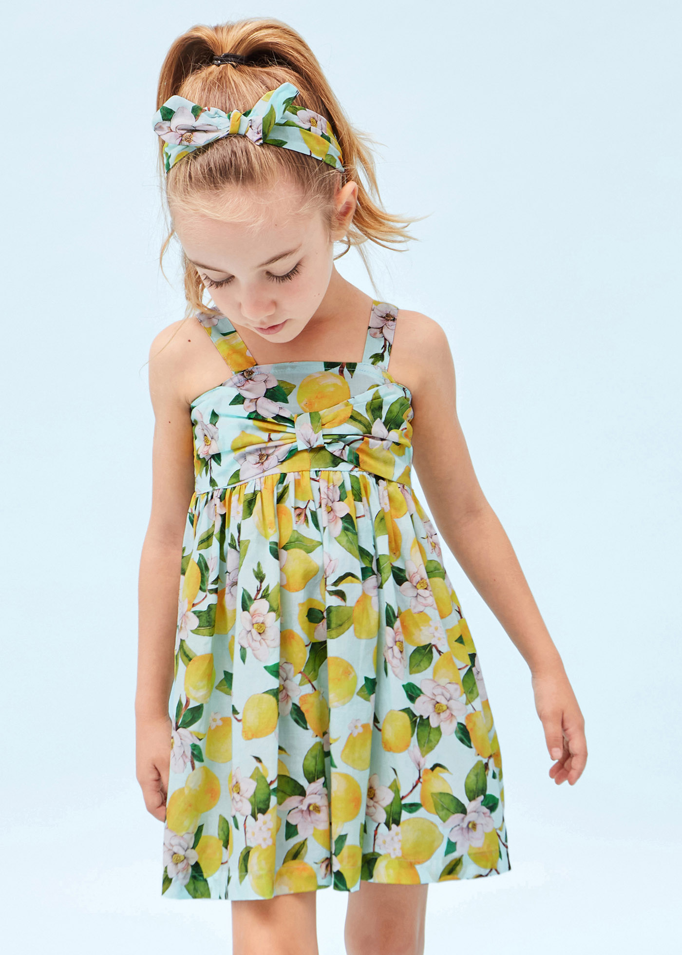 Vestido estampado com faixa de cabelo elástica de algodão para meninas