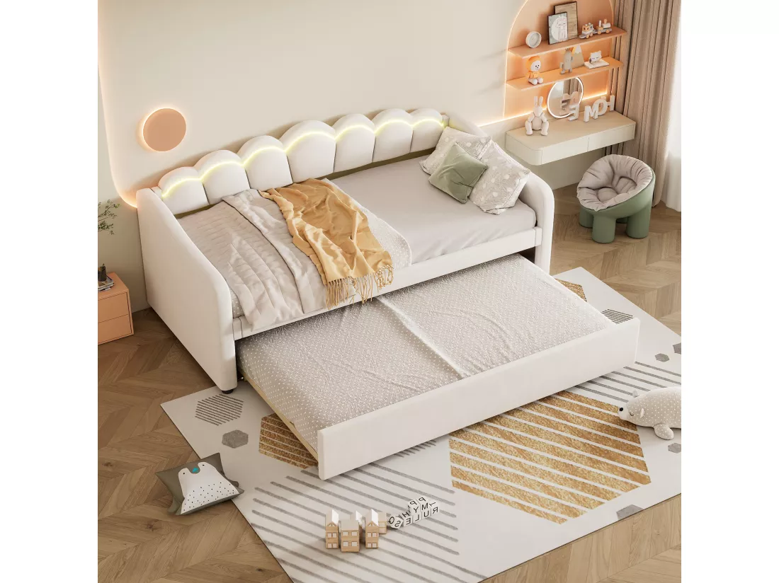 Lit gigogne 90 x 200 cm + lit 90 x 190 cm, canapé-lit - velours - LEDs - coloris beige (sans matelas)