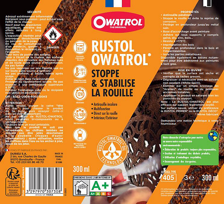 Traitement extérieur anti-rouille aérosol stoppe & stabilise Rustol Owatrol 300ml