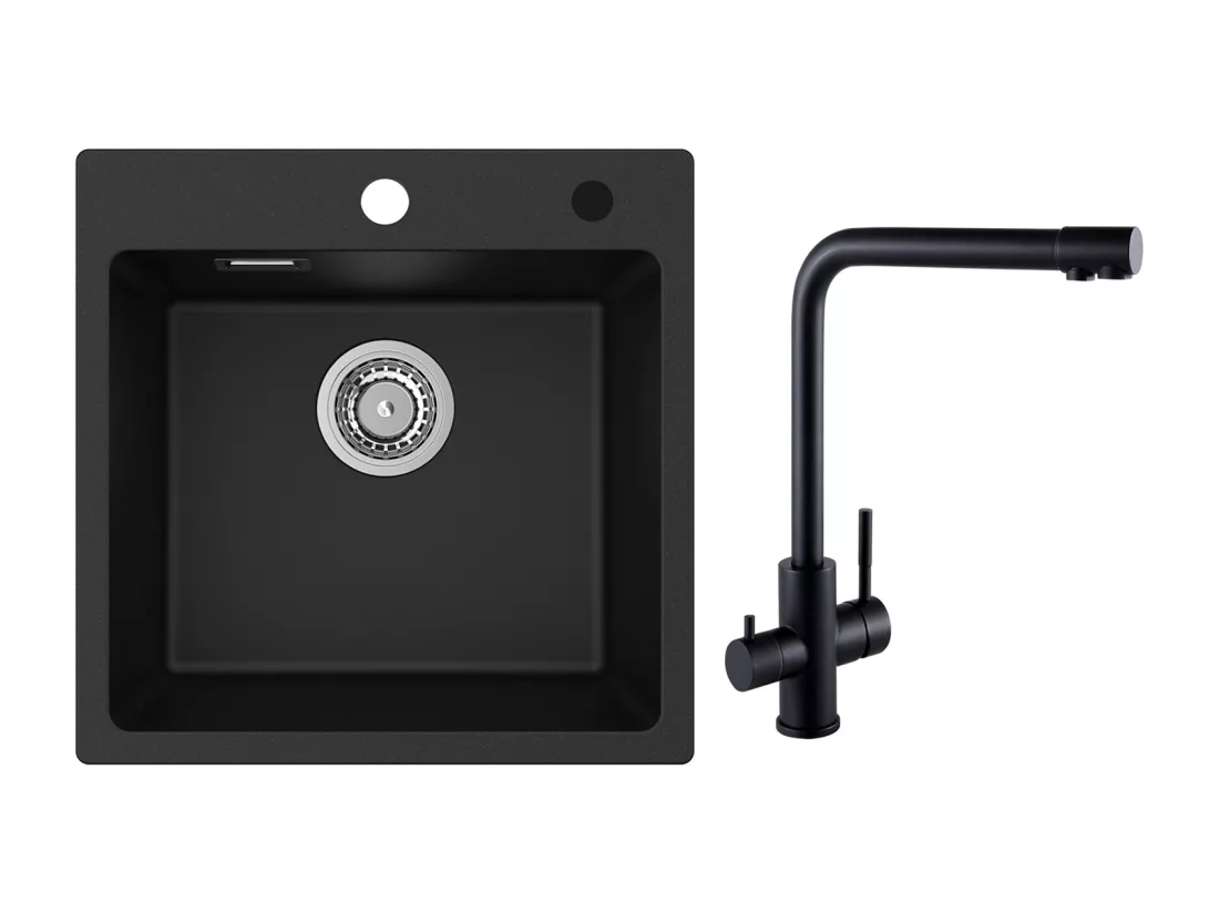 Cecipa MAX Evier 1 Bac en Quartz et Résine Noir 45x45cm Evier à Encastrer + Mitigeur Evier à 3 Voies, 2 Leviers, Noir