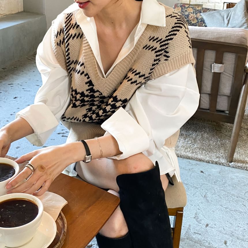 minaga - Pied-de-poule trui / lange mouwen effen shirt
