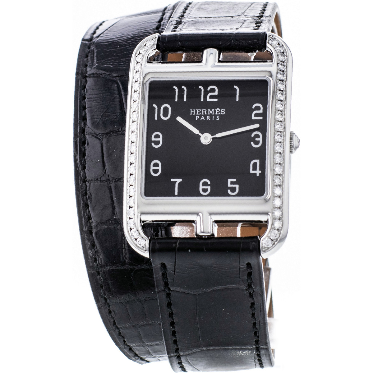 Montre d'occasion Hermès Cape Cod femme acier bracelet cuir noir