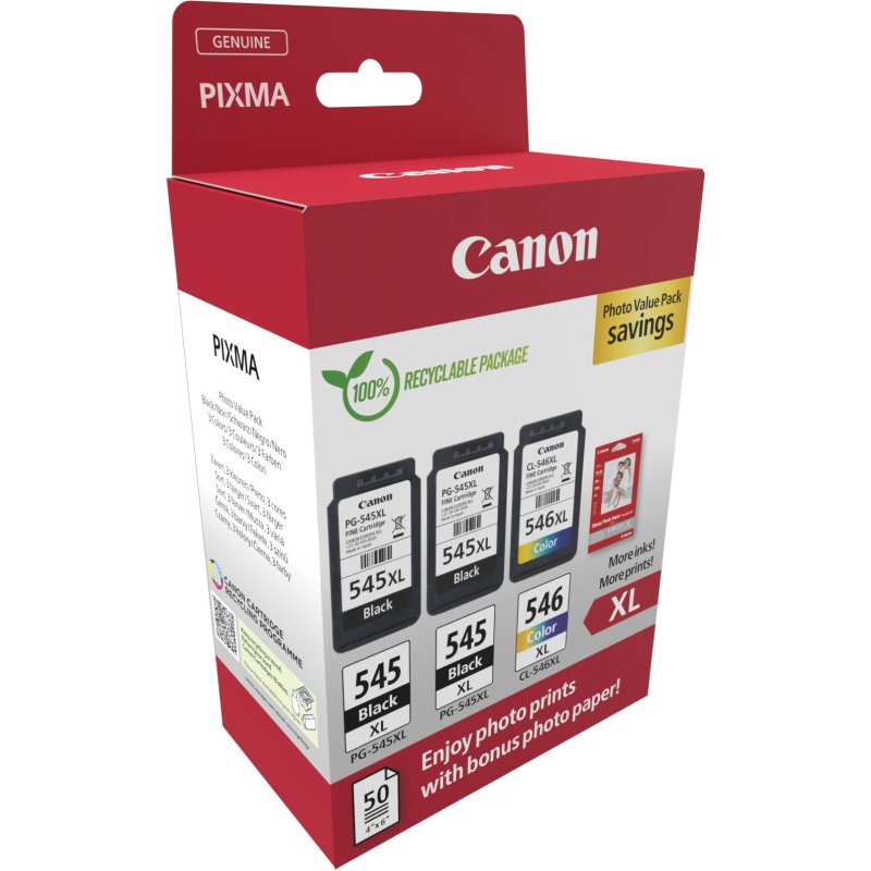Canon PG-545 XL - CL-546XL Pack cartouches haute capacité 2 noirs + 1 couleur + papier photo pour imprimante jet d'encre