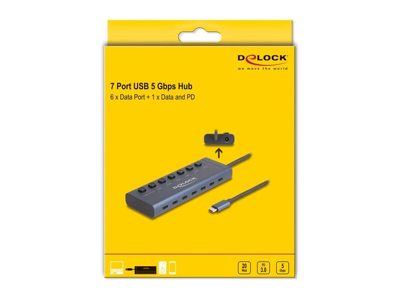 Delock USB 5 Gbps Hub USB-Hub mit 7 USB Type-C Ports, davon 6 Datenports   1 Daten/PD 20 Watt mit Schalter