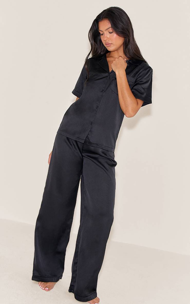 Noir Ensemble De Pyjama Long En Satin À Manches Longues