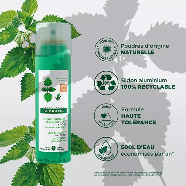 Shampoo a seco em spray Klorane Duo com urtiga para cabelos castanhos oleosos a castanhos escuros, pacote com 2 unidades de 150ml