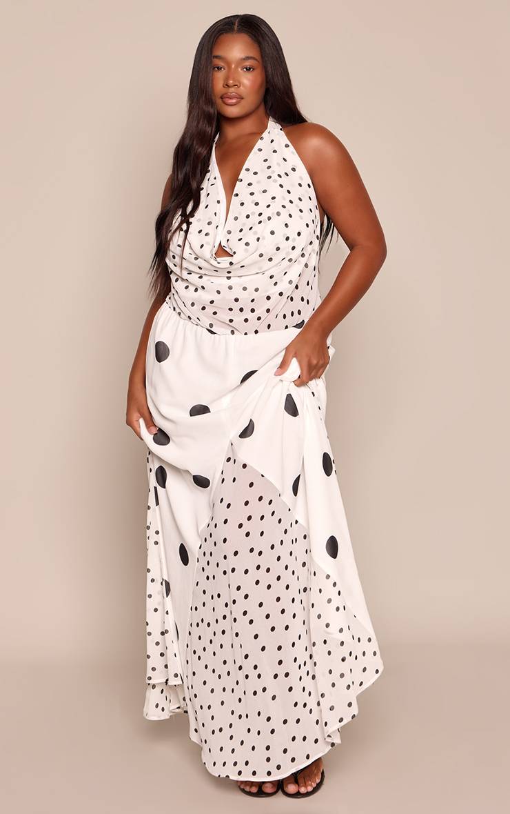 Blanc Robe Longue Satinée Grande Taille À Pois Contrastés Et Encolure Américaine