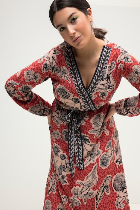 Maxikleid, A-Line, Flowerprint, V-Ausschnitt, Langarm