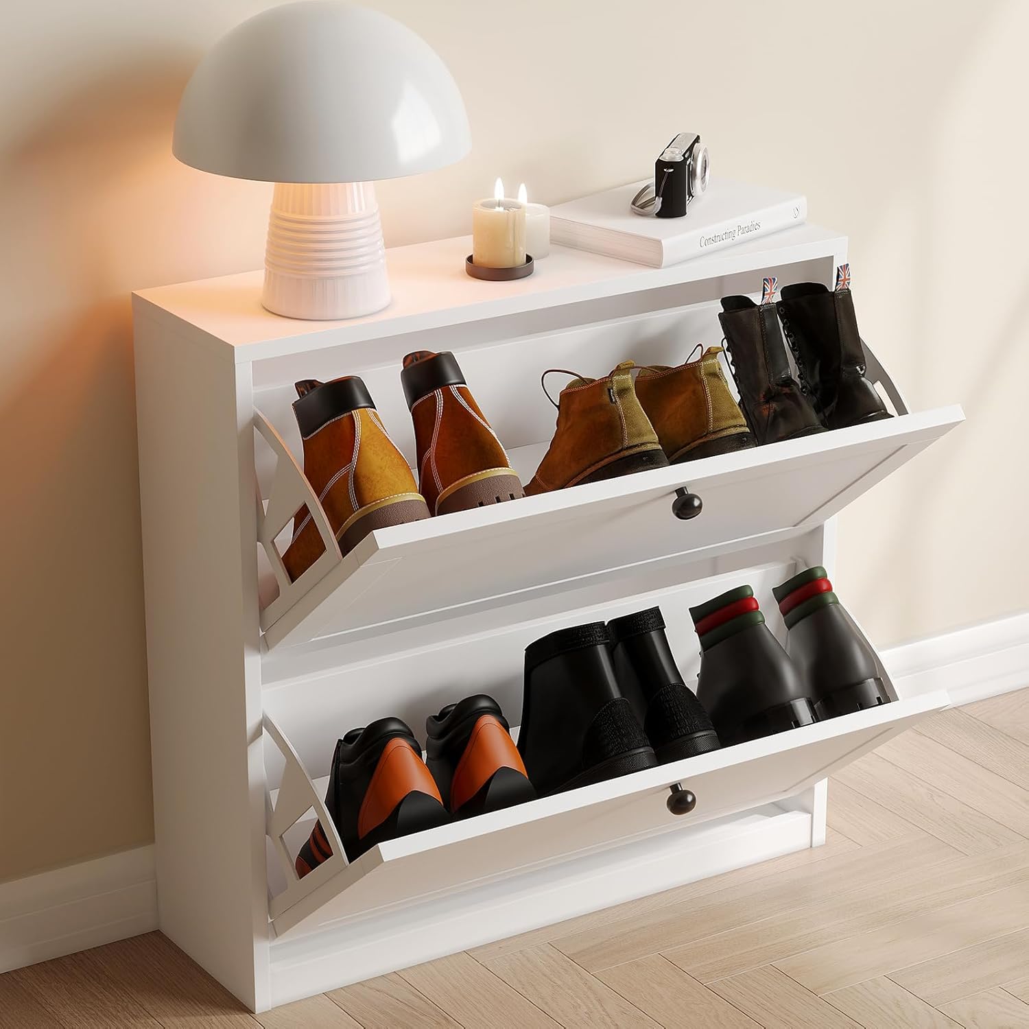 VOWNER Schuhschrank mit 2 Klappen, Schuhregal Schuhkipper Schmal, mit 4 Fächern, Schuhschrank Weiss, Verstellbar, Anti-Kipp-Vorrichtung für Eingangsbereich, Flur, 80 x 24 x 80 cm