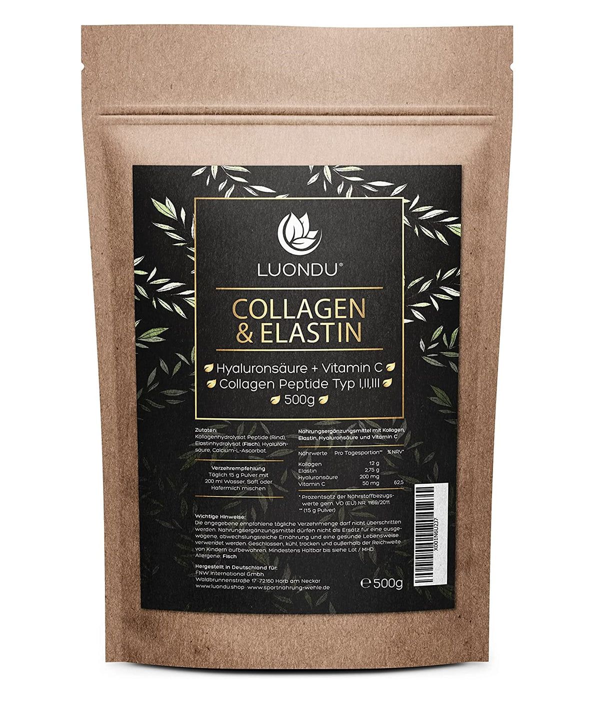 Kollagen Pulver mit Elastin, Hyaluron, Vitamin C von Luondu