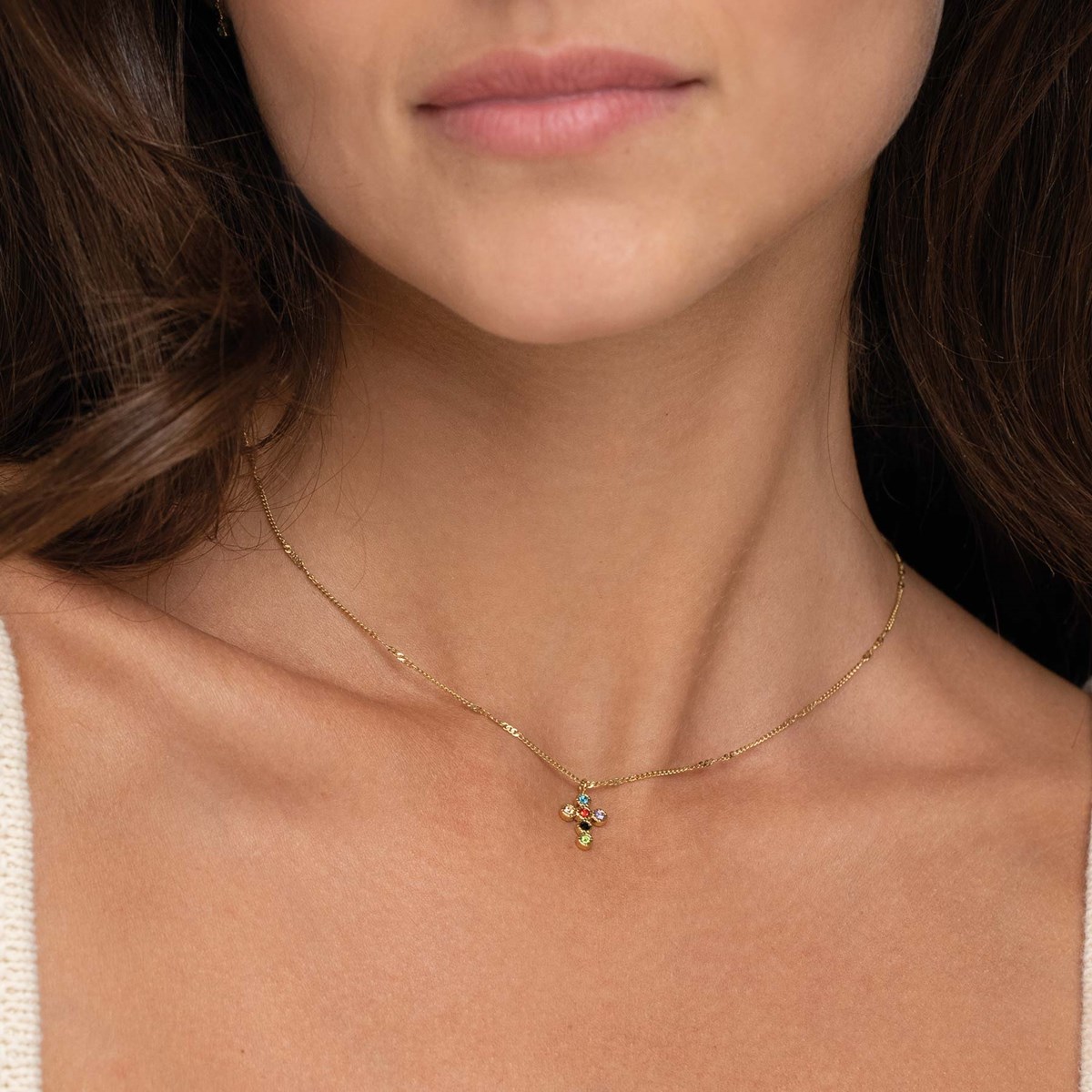 Collier Croix zircons multicolores acier doré or