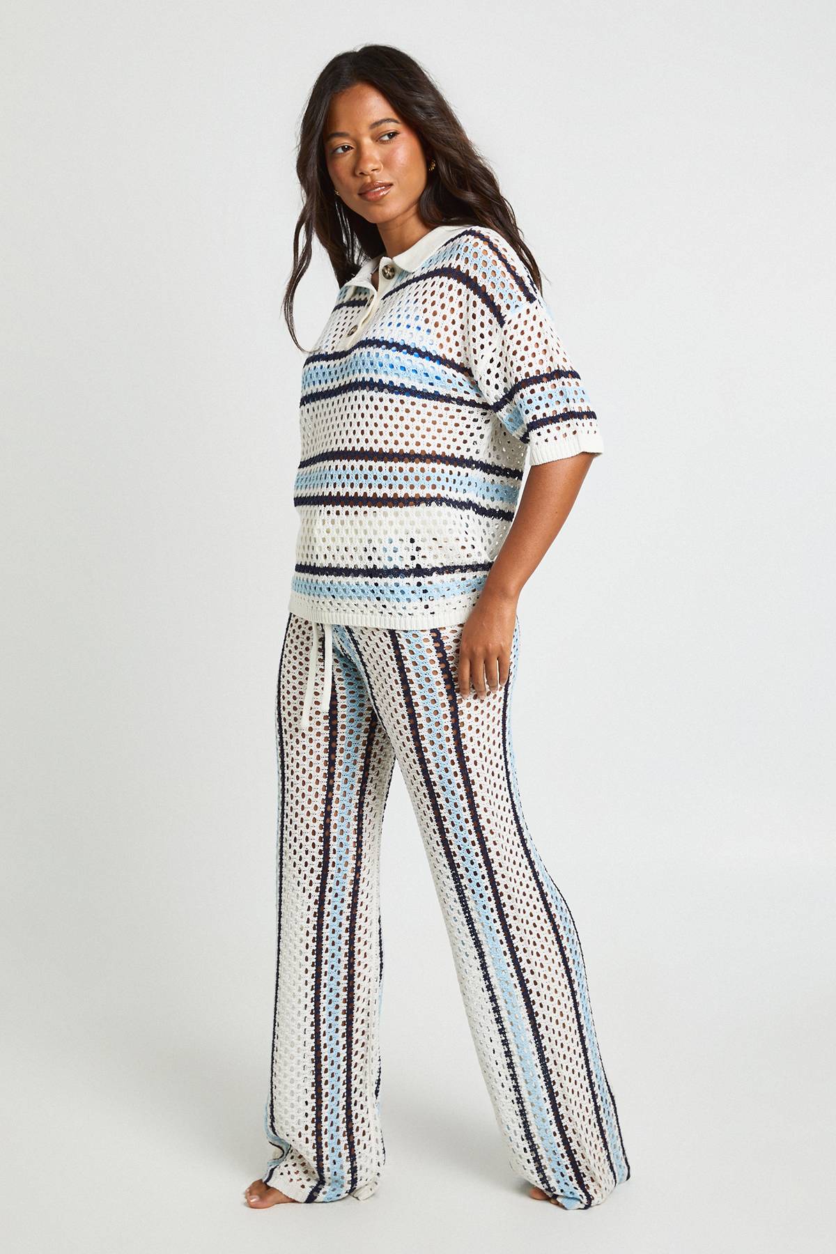 boohoo Ensemble Chemise Boutonnée Et Pantalon Large En Crochet Rayé