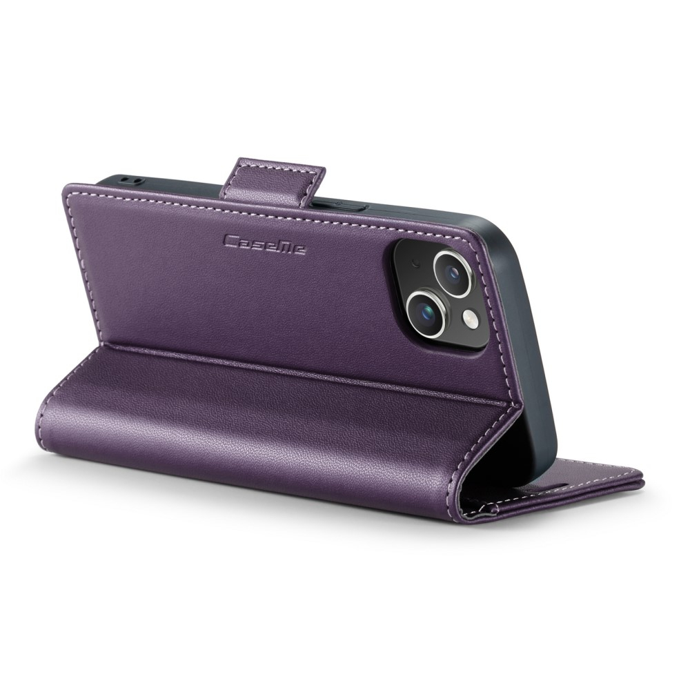 iPhone 14 Leder Tasche Flip Wallet Etui mit Kartenfächern Litchi Look (RFID Schutz) - Violett