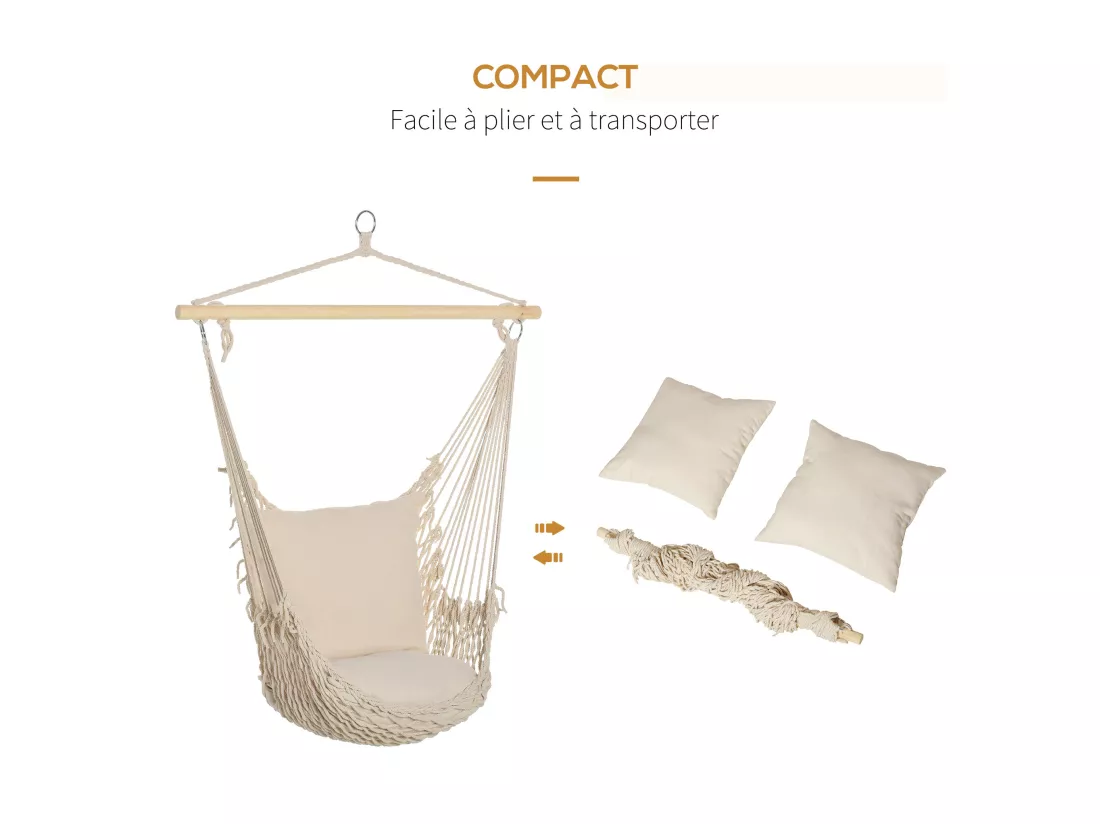 Chaise suspendue - fauteuil suspendu - assise dossier rembourrés - bois macramé tissu beige