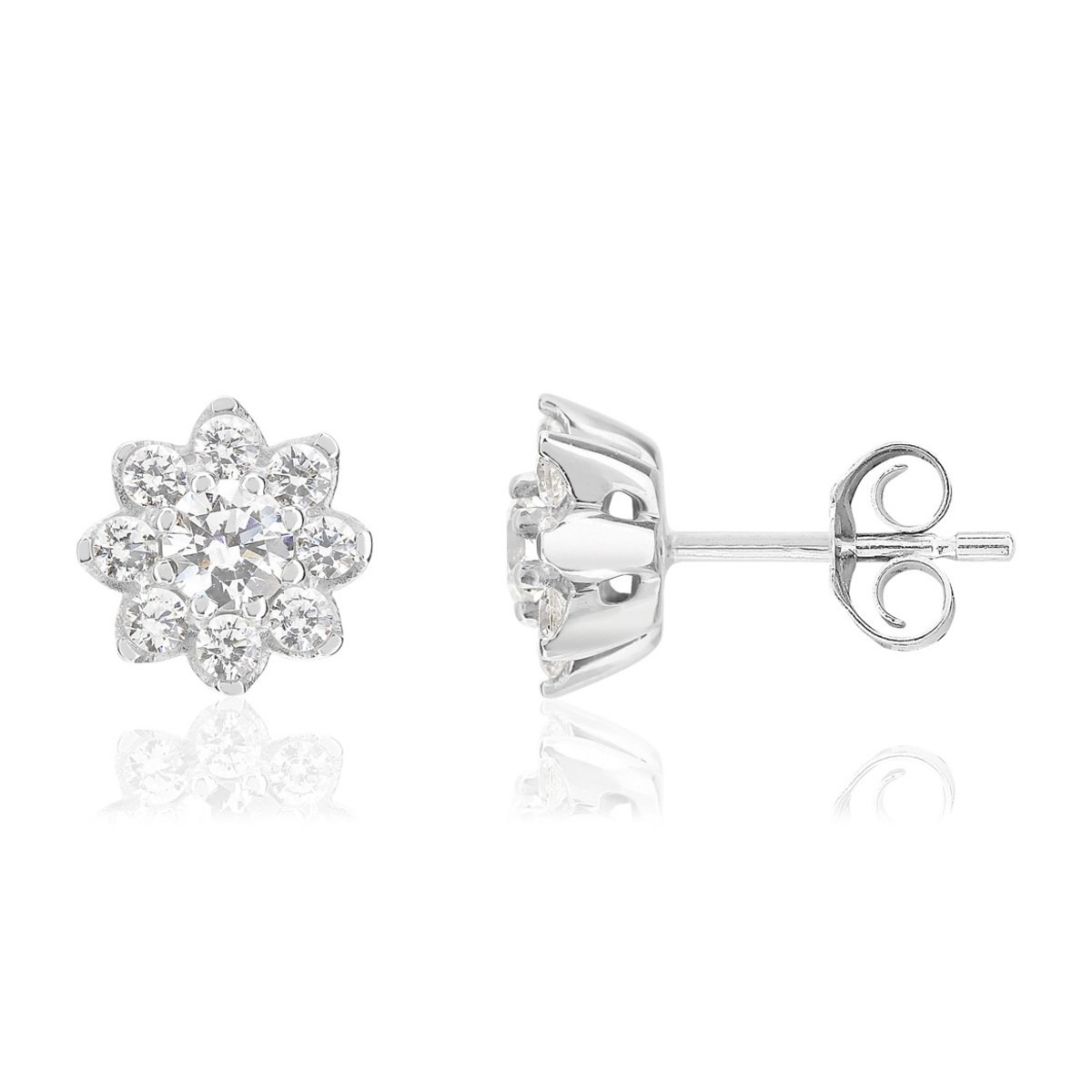 Boucles d'oreilles or 750 blanc fleurs diamants synthétiques 0,79 carat