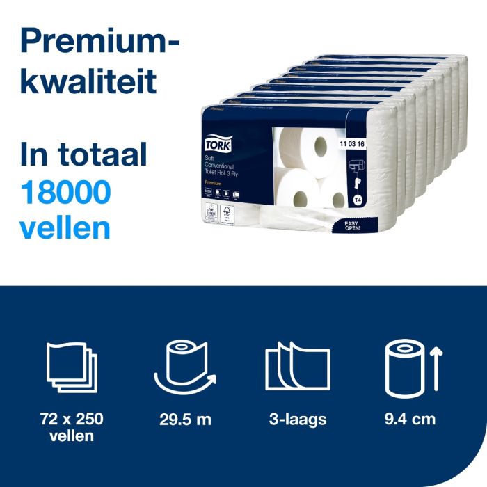 Tork 110316 72st toiletpapier traditioneel 3-lgs wit Premium pak à 72 rol / 250 vel (110316)